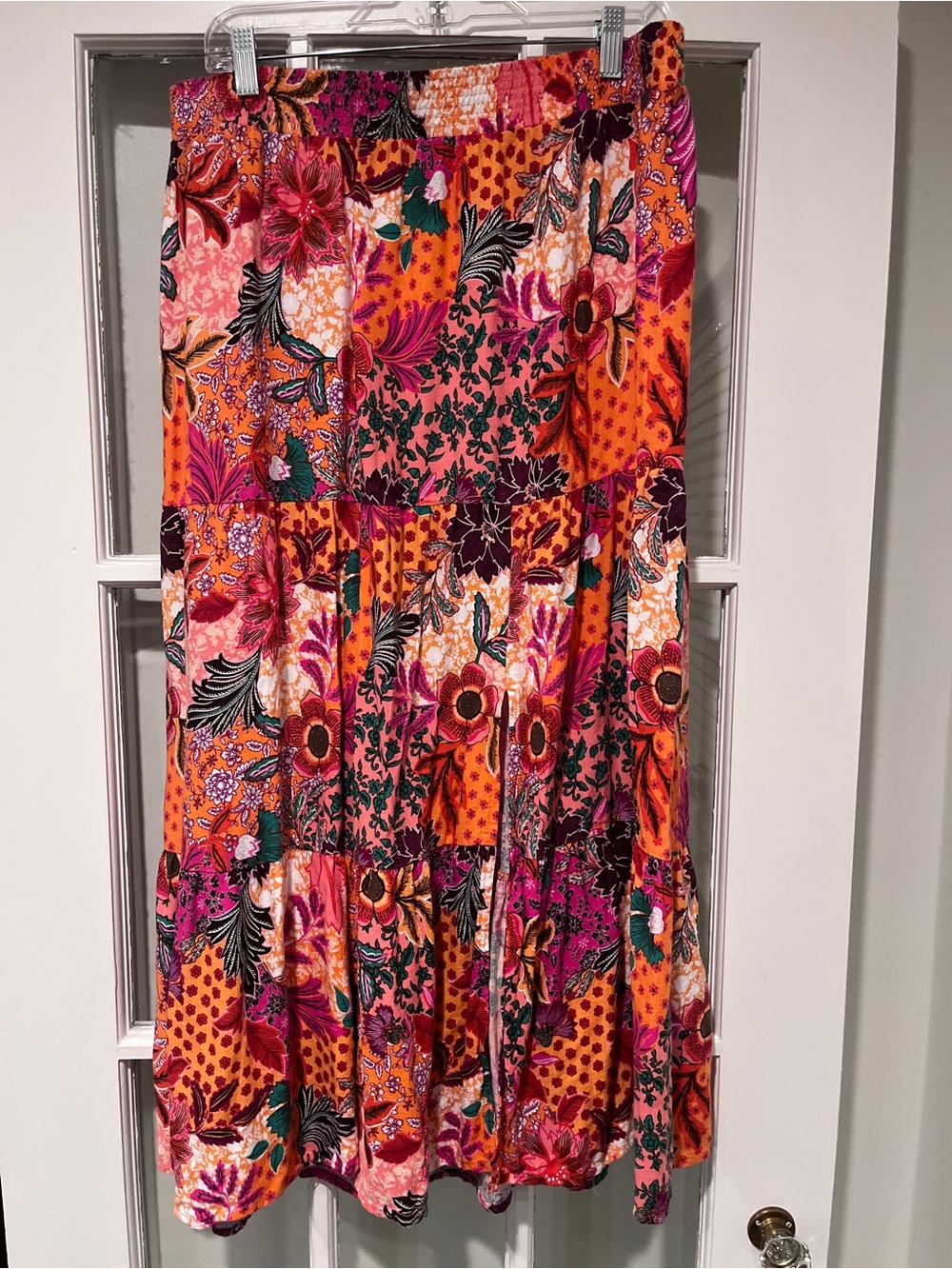 LOFT Boho Tiered Floral Linen Blend Side Slit Midi Skirt Elastic Waist Sz Large